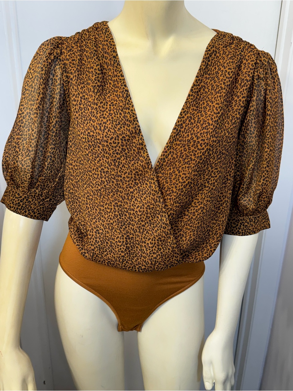 Buddy Love Brown Leopard Puff Sleeve Wrap Bodysuit
